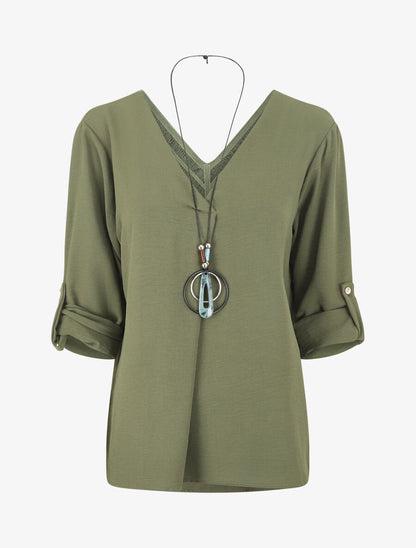 Blouse uni à dos ajouré - Kaki - 4