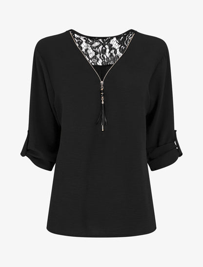 Top droit uni à zip et dentelle - Noir - 4