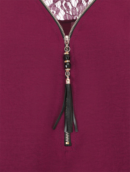 Top droit uni à zip et dentelle - Violine - 3