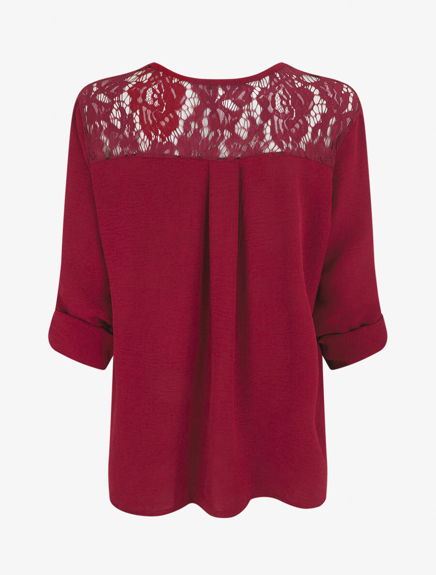 Top droit uni à zip et dentelle - Bordeaux - 2