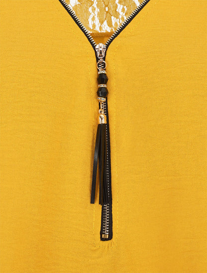 Top droit uni à zip et dentelle - Jaune - 3