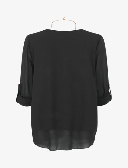 Blouse en voile à manches retroussables - Noir - 2