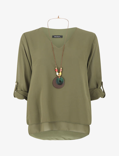 Blouse en voile à manches retroussables - Kaki - 1