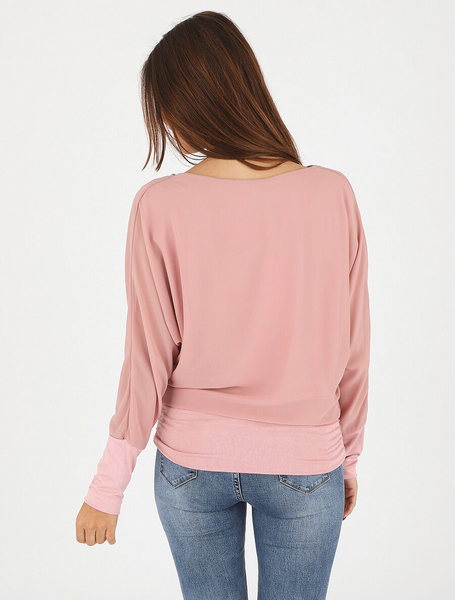 Blouse unie à col bénitier - Rose - 5