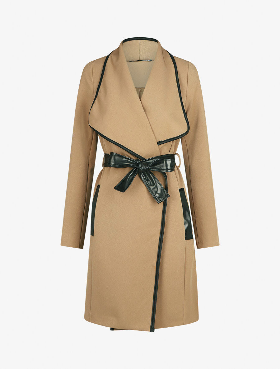 Veste longue coupe droite col cascade - Beige - 1