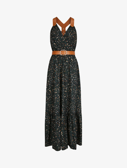 Robe longue coupe patineuse imprimé léopard à bretelles en simili - Vert foncé - 5