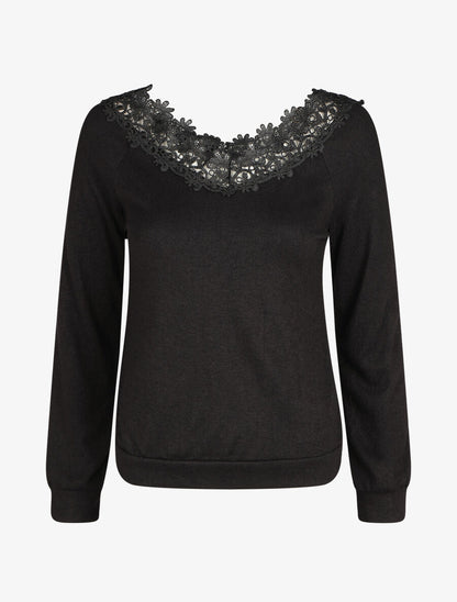 Pull fin droit col bateau en crochet - Noir - 4