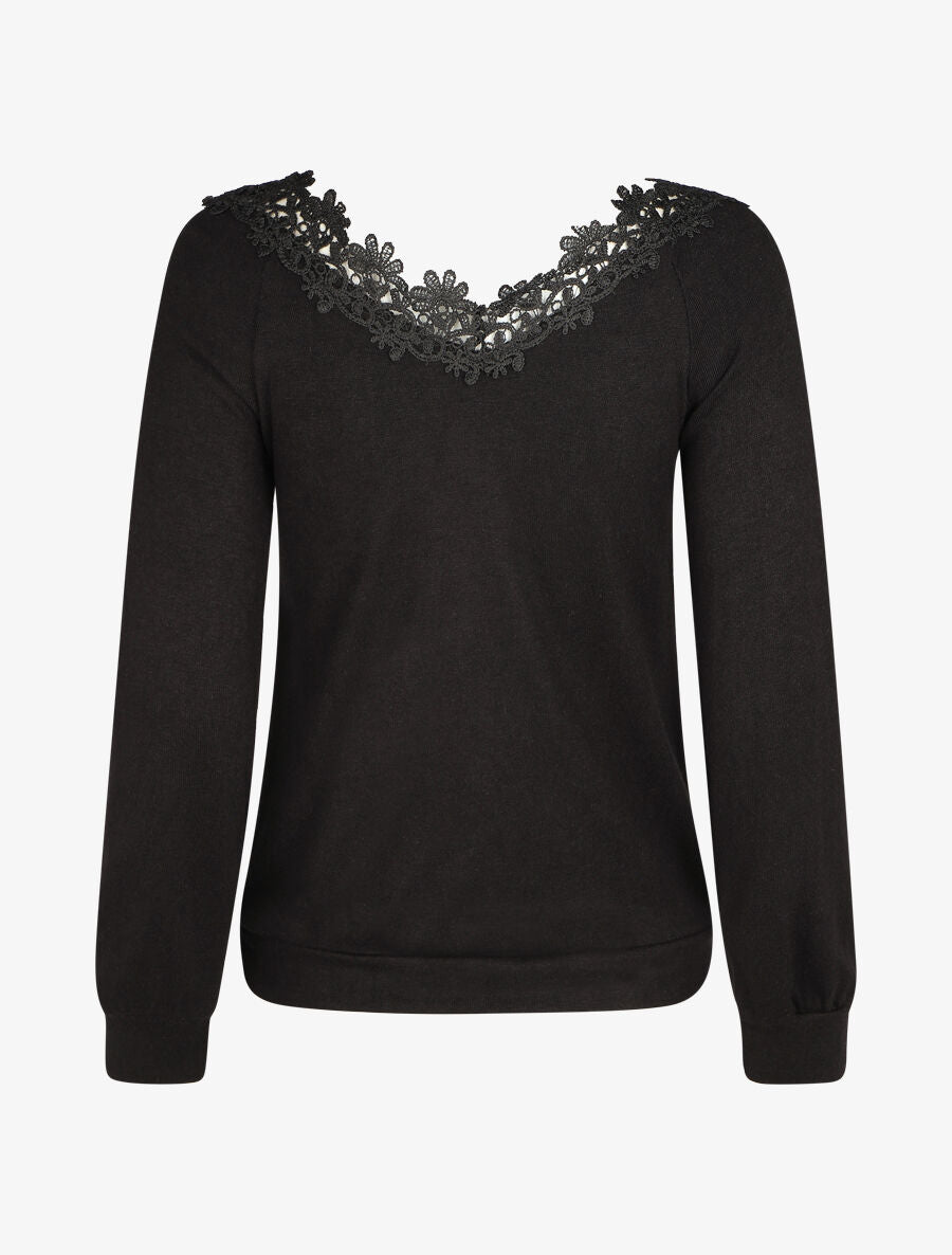 Pull fin droit col bateau en crochet - Noir - 2