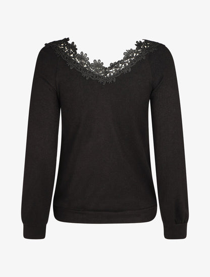 Pull fin droit col bateau en crochet - Noir - 2