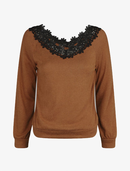Pull fin droit col bateau en crochet - Camel - 1