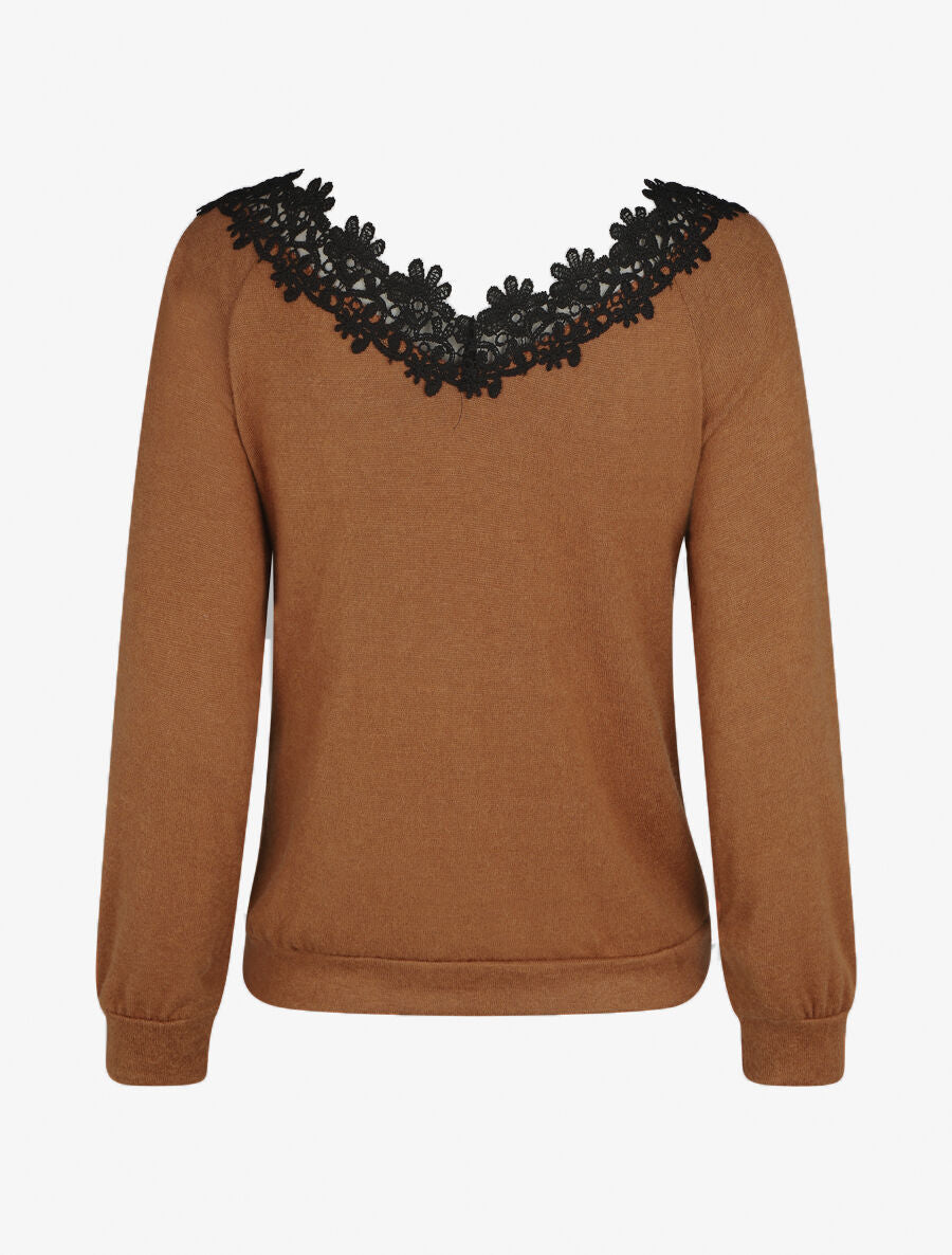 Pull fin droit col bateau en crochet - Camel - 2