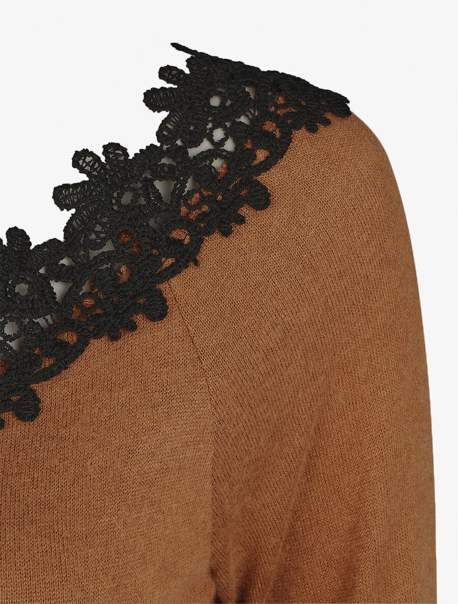 Pull fin droit col bateau en crochet - Camel - 3
