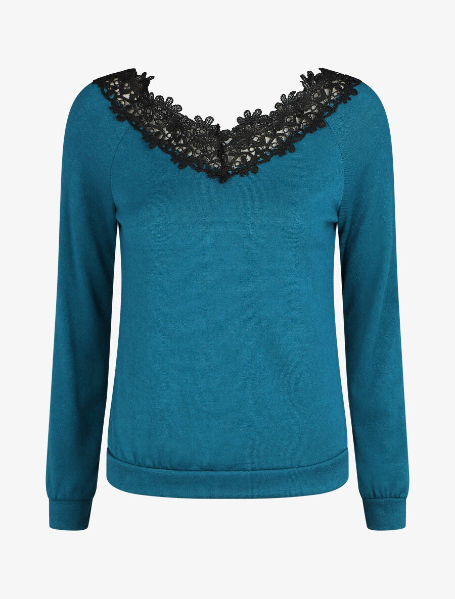 Pull fin droit col bateau en crochet - Bleu canard - 1
