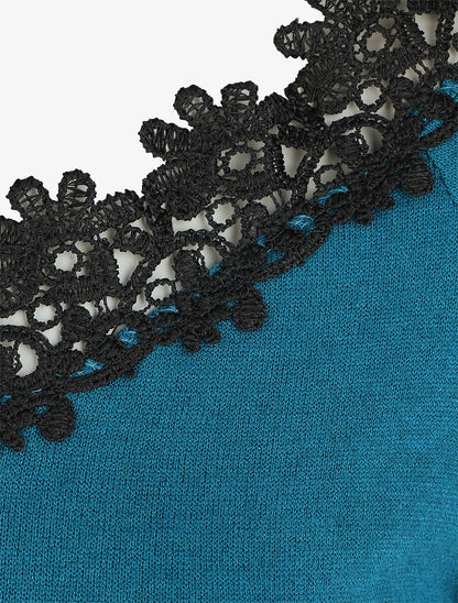 Pull fin droit col bateau en crochet - Bleu canard - 3