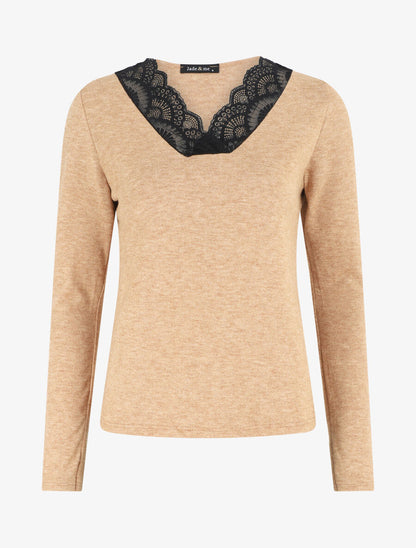 Pull droit col V en dentelle - Camel - 1
