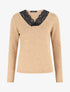 Pull droit col V en dentelle - Camel - 1