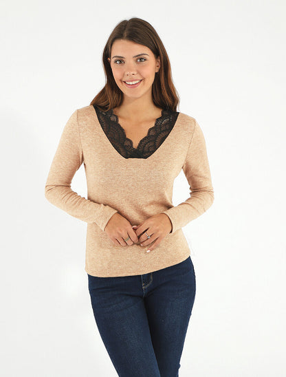 Pull droit col V en dentelle - Camel - 4
