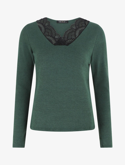 Pull droit col V en dentelle - Vert - 6