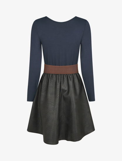 Robe bi-matière courte évasée simili - Marine - 2