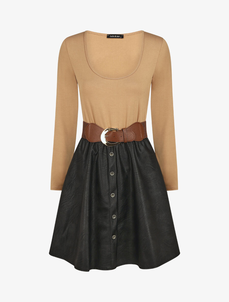 Robe bi-matière courte évasée simili - Camel - 1