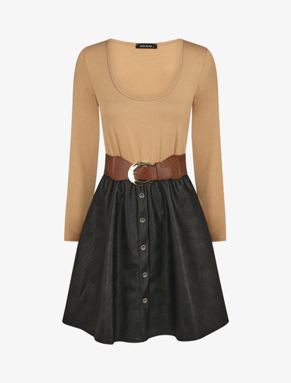 Robe bi-matière courte évasée simili - Camel - 1