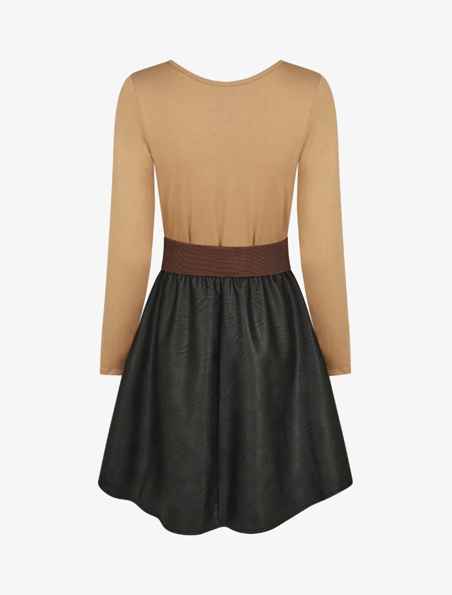 Robe bi-matière courte évasée simili - Camel - 2