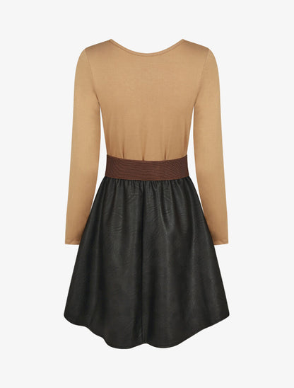 Robe bi-matière courte évasée simili - Camel - 2