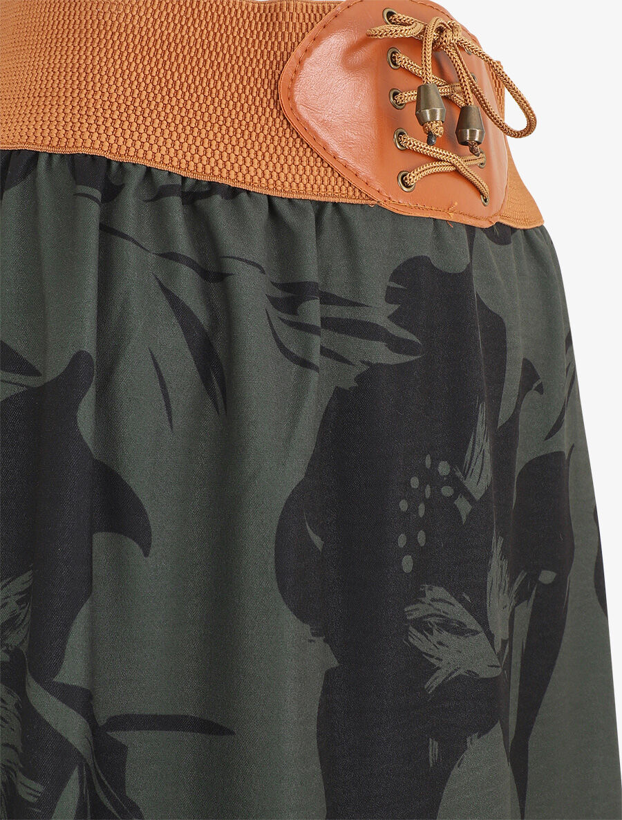 Jupe longue à taille haute imprimé floral - Kaki - 3