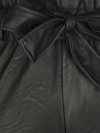 Pantalon paperbag taille haute en simili - Noir - 3