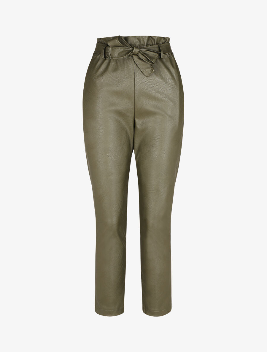 Pantalon paperbag taille haute en simili - Kaki - 1