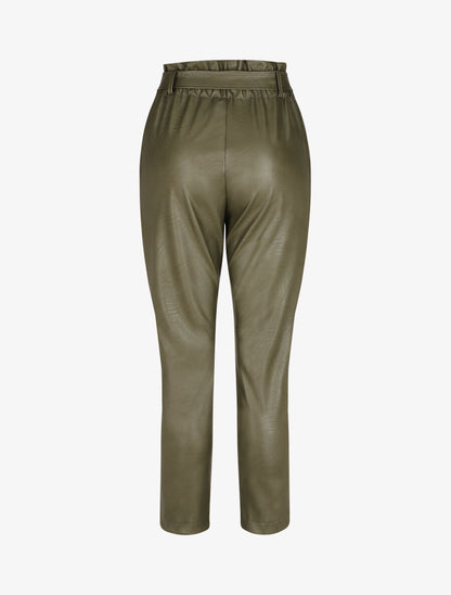 Pantalon paperbag taille haute en simili - Kaki - 2