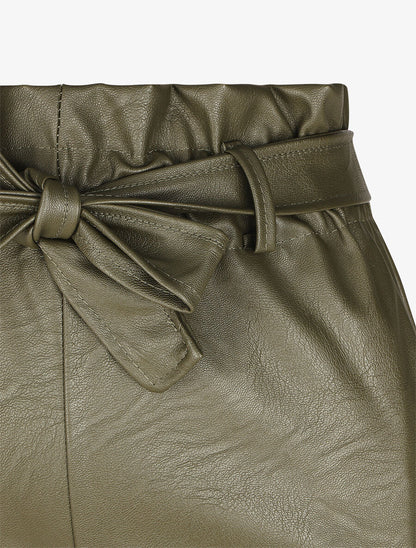 Pantalon paperbag taille haute en simili - Kaki - 3