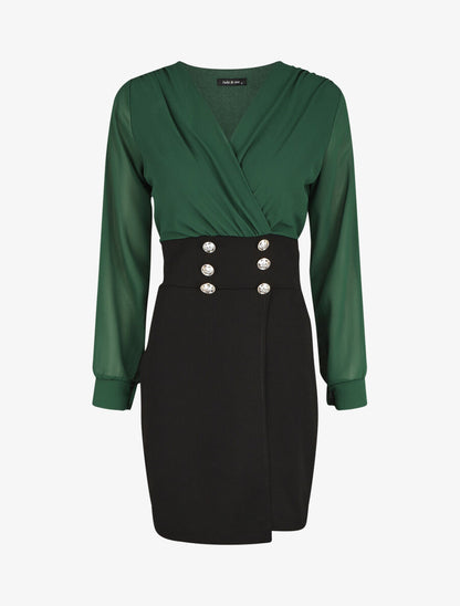Robe bicolore à boutons décoratifs - Vert sapin - 1