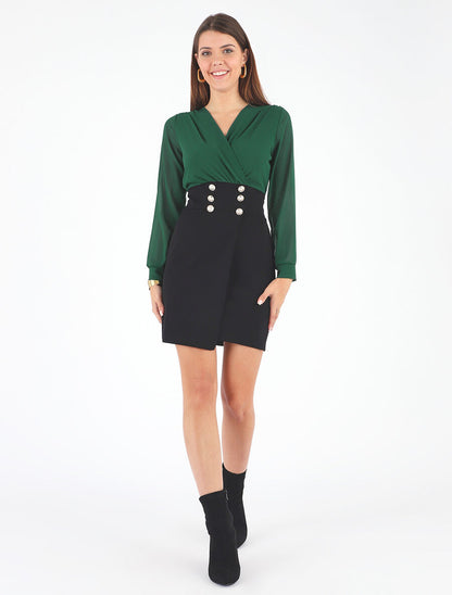 Robe bicolore à boutons décoratifs - Vert sapin - 4