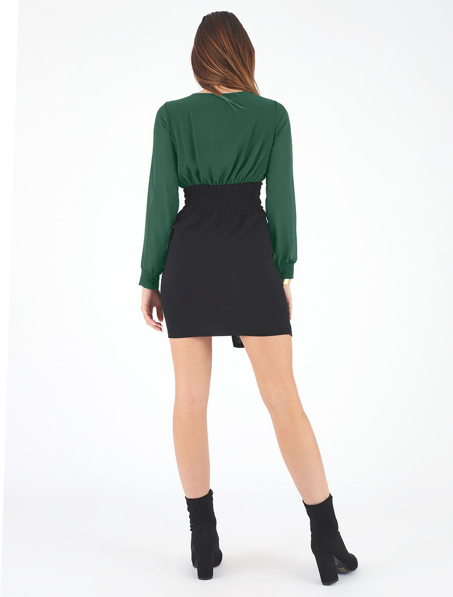 Robe bicolore à boutons décoratifs - Vert sapin - 5