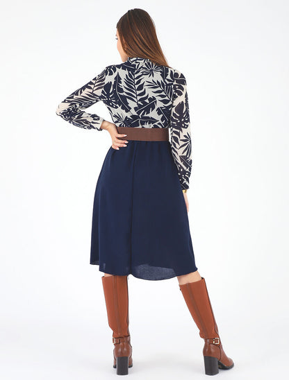 Robe longue évasée imprimé tropical - Blanc/marine - 5
