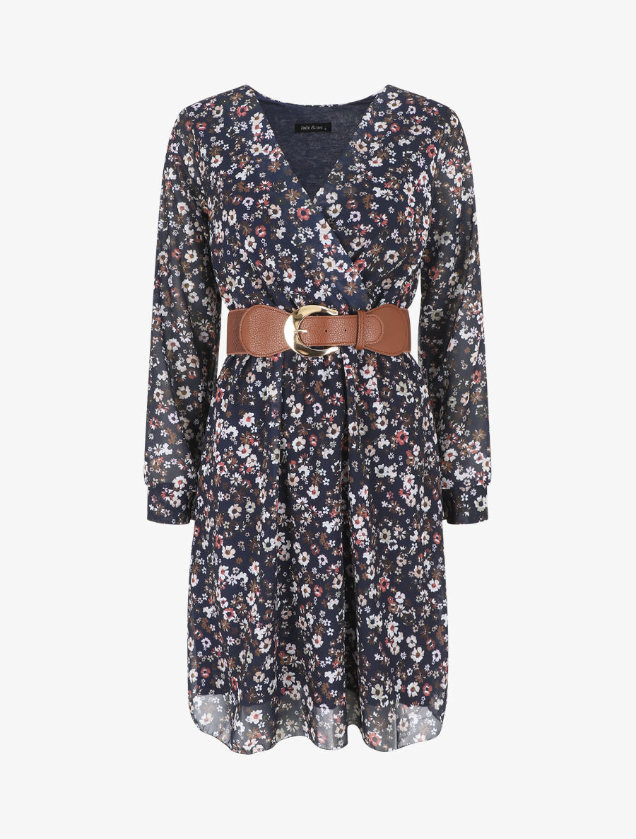 Robe élastiquée à imprimé fleuri - Marine - 6