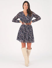 Robe élastiquée à imprimé fleuri - Marine - 1