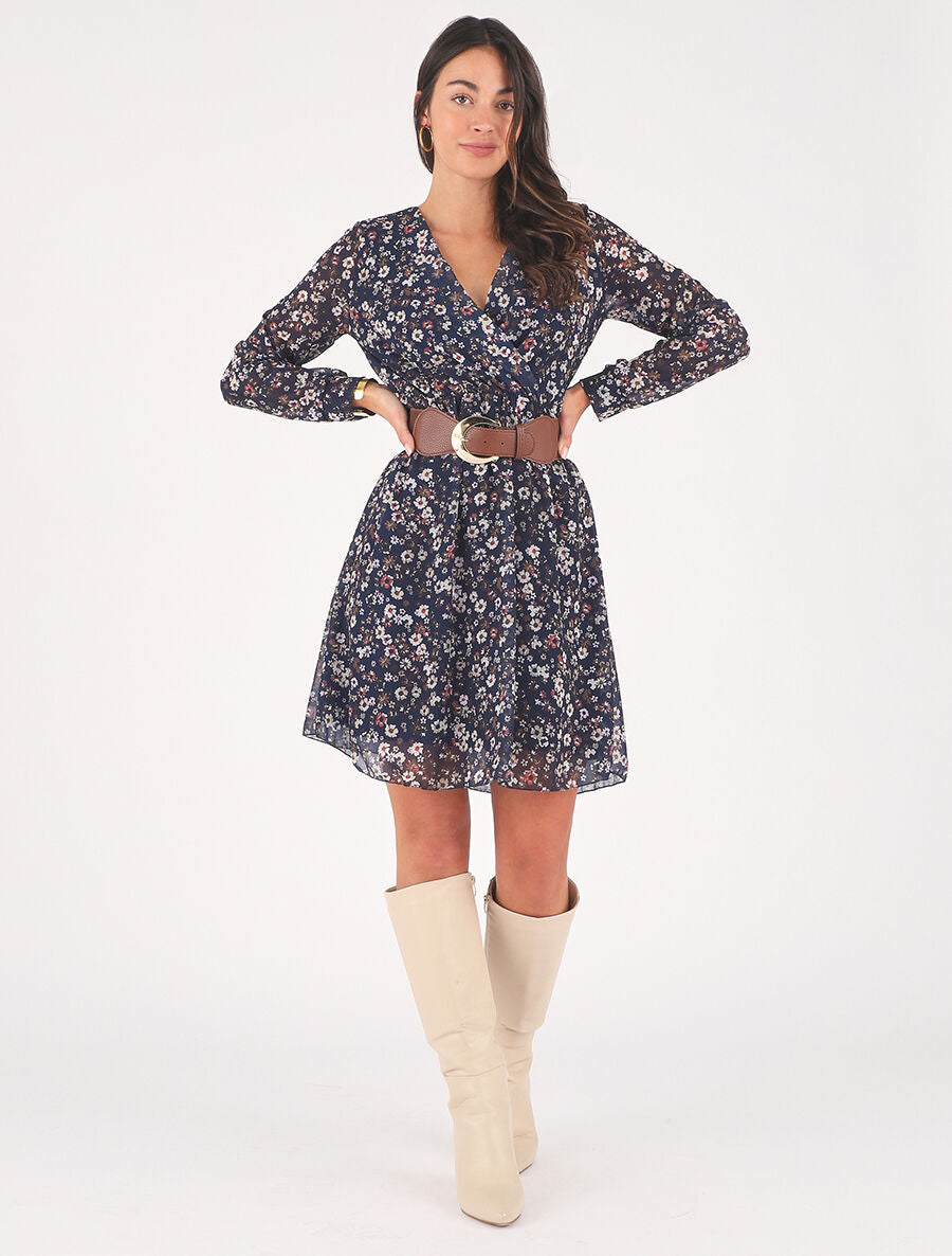 Robe élastiquée à imprimé fleuri - Marine - 1