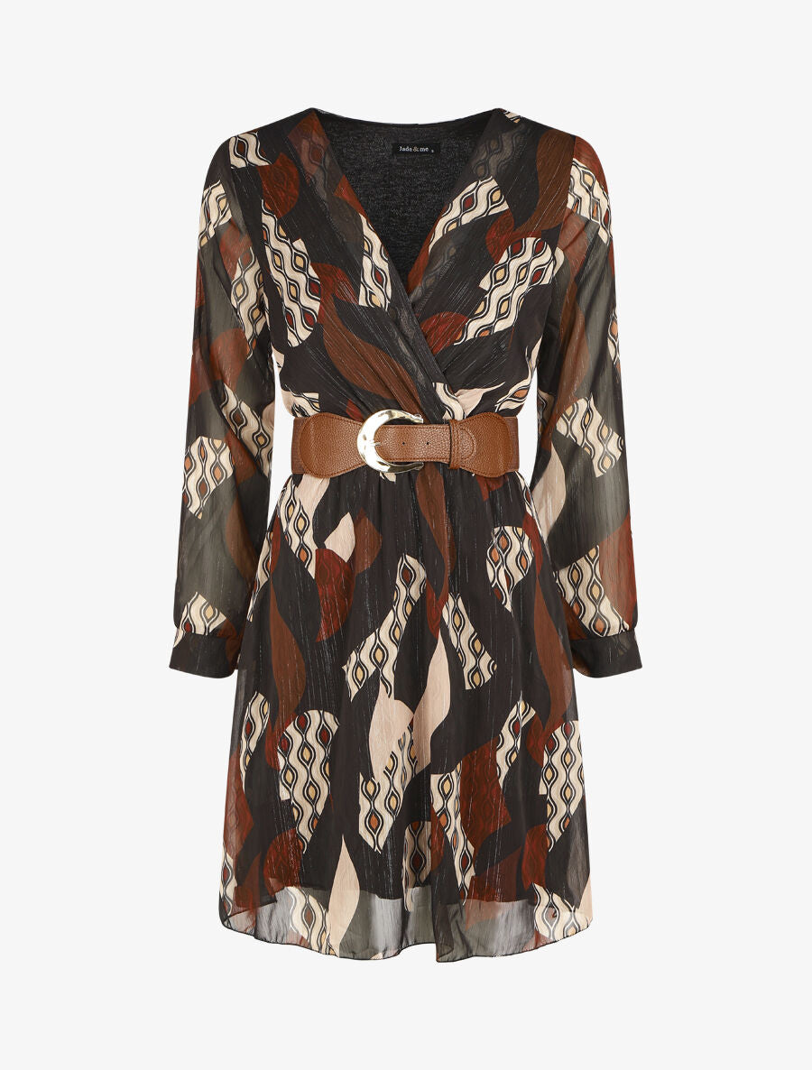 Robe élastiquée à imprimé graphique - Noir - 4