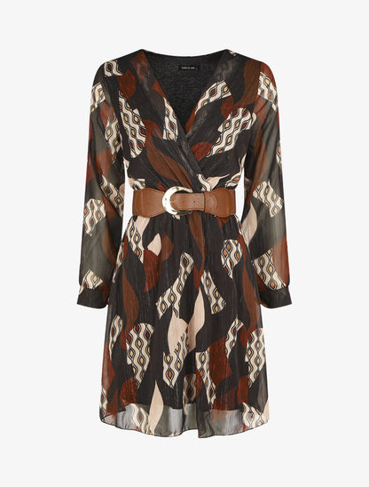 Robe élastiquée à imprimé graphique - Noir - 4
