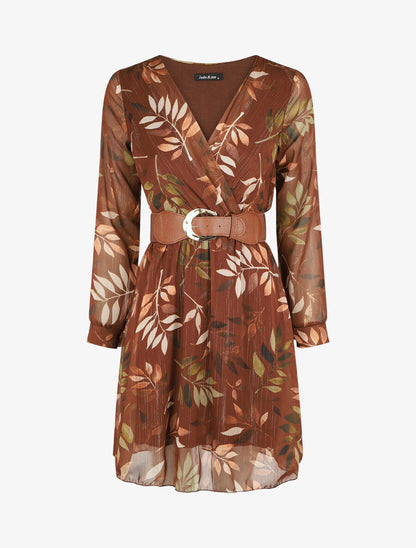 Robe élastiquée à imprimé graphique - Marron - 1