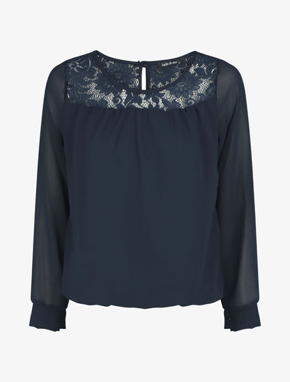 Top uni en voile et dentelle - Marine - 7