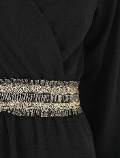 Robe unie à bande élastiquée dorée - Noir - 3