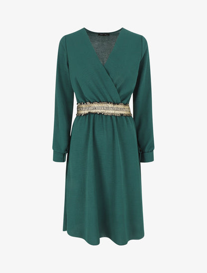 Robe unie à bande élastiquée dorée - Vert sapin - 1