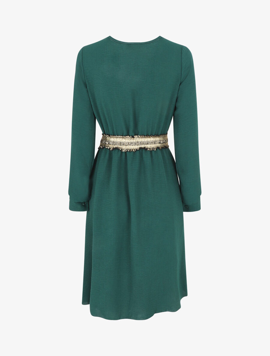 Robe unie à bande élastiquée dorée - Vert sapin - 2