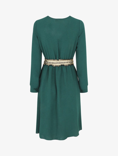 Robe unie à bande élastiquée dorée - Vert sapin - 2