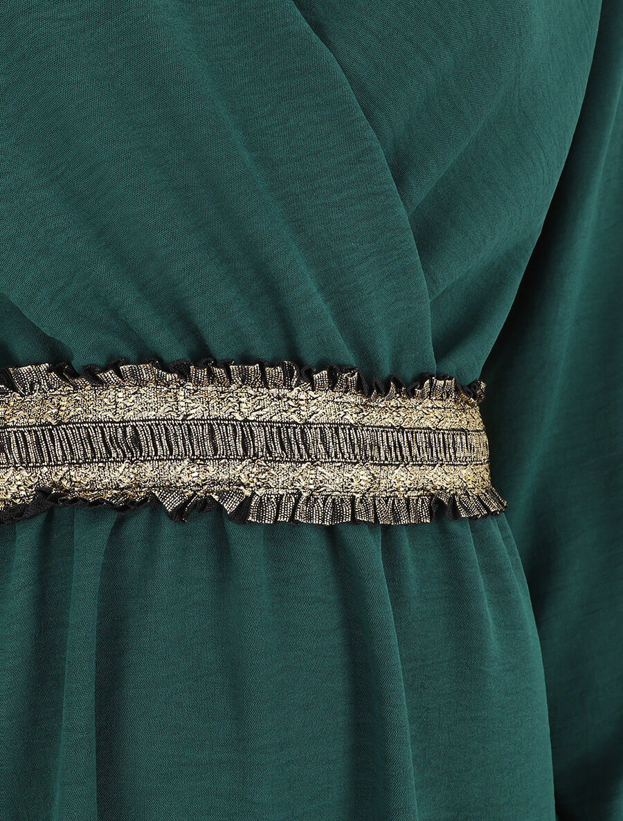 Robe unie à bande élastiquée dorée - Vert sapin - 3