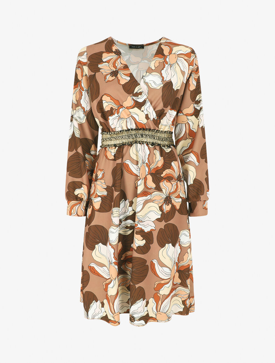 Robe courte évasée imprimé fleuri - Marron - 1