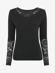Pull droit uni col et manches en dentelle - Noir - 1